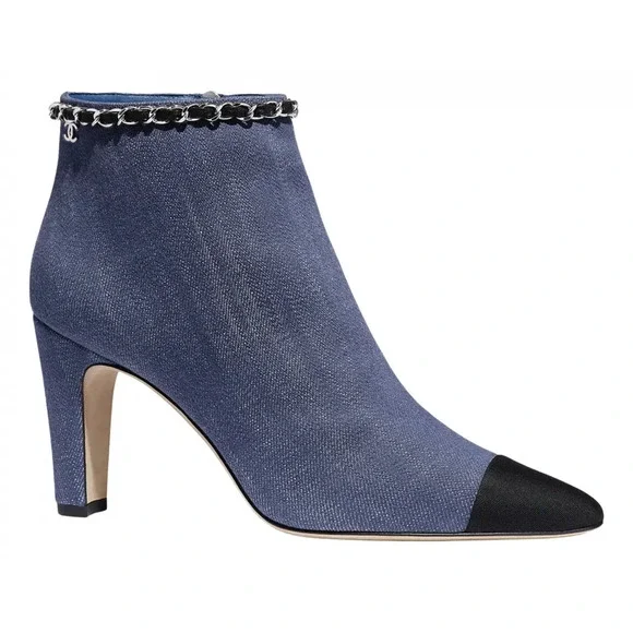Chanel 20C Blue Denim Fabric Black Chain CC Logo Short Ankle Heel Boot Bootie 38 - Picture 1 of 12